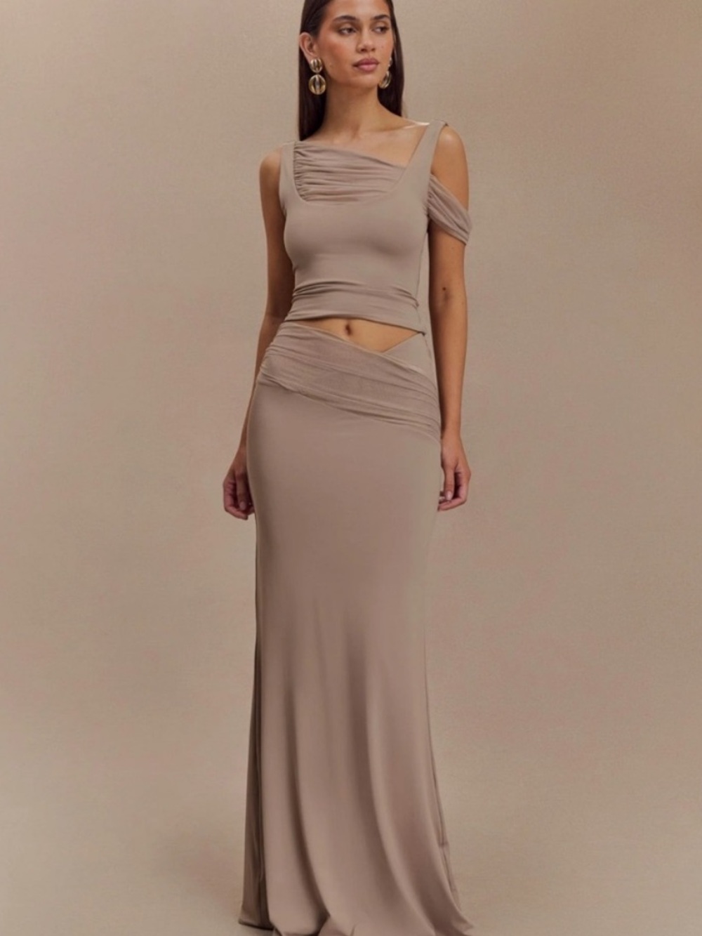 Meshki Jules Recycled Nylon Taupe Asymmetric Two-Piece Maxi Dress